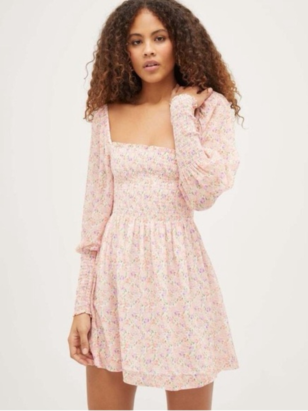 Hill House Pastel Pink Floral Smocked Mini Dress